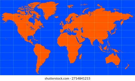 Un mapa del mundo minimalista, donde los continentes se destacan en naranja contra un fondo azul brillante de los océanos. Una cuadrícula de coordenadas blanca le da a la Imagen una sensación rigurosa y científica.