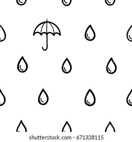 Minimalist wrapping paper. Rain drops + umbrella line design. Black and white minimal seamless background. Simple line elements. Vector illustration.