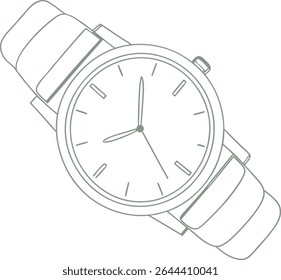 Ilustração de arte de linha de relógio de pulso minimalista mostrando relógio analógico elegante com pulseira de couro, perfeito para design, conceitos acessórios de moda e vintage ou temas de estilo moderno.