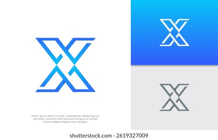Minimalist X tech logo. Geometric letter X logo. Outline design and subtle blue gradient create a sophisticated and versatile symbol. Ideal for technology, innovation, creative industries, and brands.