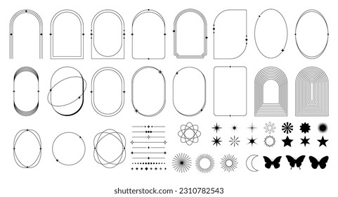 Minimalist y2k aesthetics linear frame, sparkle star, sun ray, butterfly, border, arc, divider for social media post, banner, or poster design. geometric design element in boho and celestial stye.