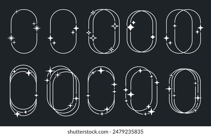 Minimalist Y2k oval shapes. Abstract y2k frames with stars and sparkles, modern y2k aesthetic frames flat vector illustration set. Modern outline frames