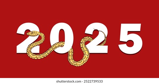 Minimalist Year of the Snake banner with a gold intricately patterned snake weaving through bold white 2025 numbers on red background. Snake reptile as Chinese Horoscope symbol, Oriental zodiac sign