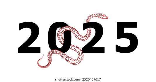 Minimalist Year of the Snake banner with a red, intricately patterned snake weaving through bold black 2025 numbers on white background. Snake reptile as Chinese Horoscope symbol, Oriental zodiac sign