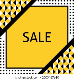 Minimalist yellow and black geometric sale banner with bold text centered on a yellow polygon, surrounded by dot patterns and triangular grid corners for a striking modern look.