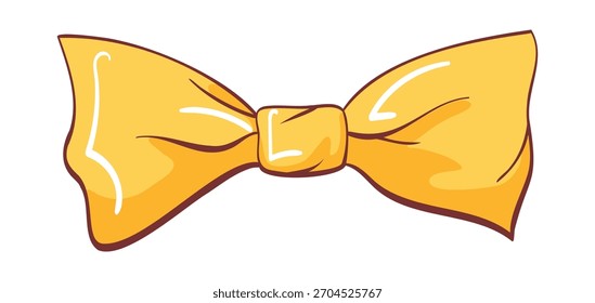 Lazo amarillo minimalista, plano, cinta de nudo de un solo bucle en estilo de dibujos animados, con contorno