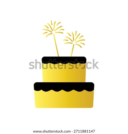 Minimalist yellow cake icon with two tiers. Cake design features sparklers on top. Perfect for birthday, celebration, or party themes. Simple cake illustration. New year party illustration vector.