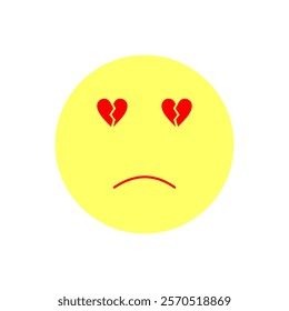 Minimalist yellow emoji design with a sad expression with two red broken hearts, sad emotion breakup, divorce,grief concept