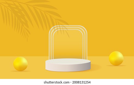 Minimalist yellow podium geometric shape with palm and bubble shadow