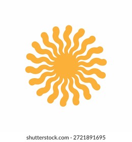 Minimalistischer gelber Sonnenvektor mit gewellten Strahlen, einzeln auf weißem Hintergrund. Kreatives Sonnenburst-Symbol für Sommer- und Naturdesign