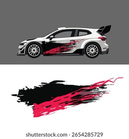 Design minimalista, mas agressivo da entrega do decalque do carro com traços de pincel vermelho e preto arrojados. Perfeito para carros de corrida, rally wraps, ou personalização de veículo de desempenho