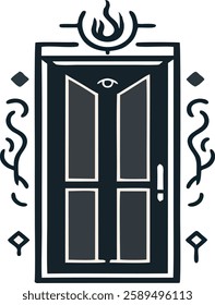  A minimalist yet powerful digital illustration of a mystical door featuring sacred geometric patterns, an all-seeing eye, and a burning flame above