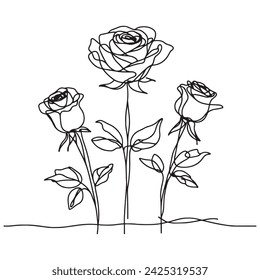 A minimalist yet sophisticated depiction featuring three roses in a linear sketch design. The floral arrangement is rendered in monochrome palette.