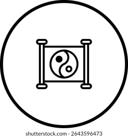 Minimalist Yin Yang Symbol on Scroll in Circle Frame, Symbolizing Harmony and Balance