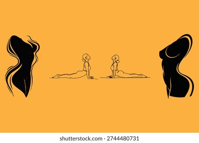 Minimalist yoga cobra pose artwork with abstract female silhouettes celebrating flexibility, strength, and expressive body movement on orange background design.