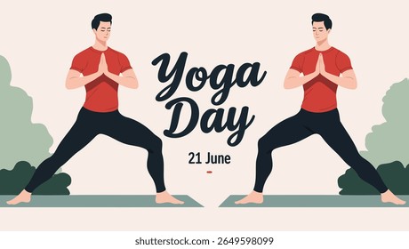 Minimalist Yoga Day Design with Balanced Warrior Pose and Green Background