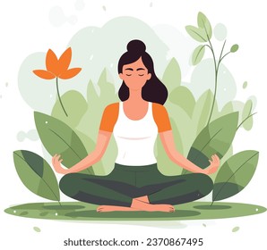 Minimalist Yoga Girl Vector Illustration with green plants and nature, Flat Design Yoga Woman Graphic. Relax and Meditation girl. Midfulness.