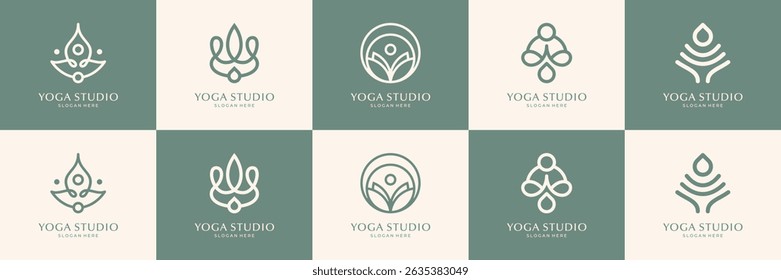 Minimalist yoga logos and icons set. Graphic design elements in outline style usable for yoga studio, fitness ana spa center.