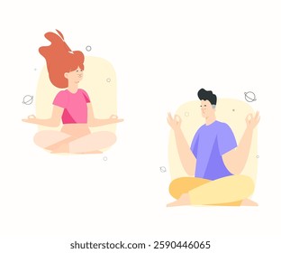 Minimalist Yoga and Meditation Illustration - Man and Woman Practicing Mindfulness