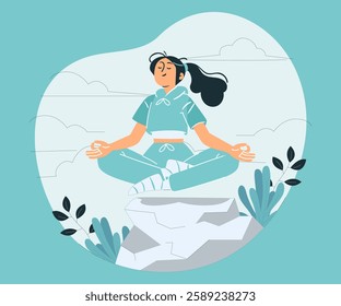 Minimalist Yoga Meditation Illustration - Woman Floating in Zen Pose with Nature Elements