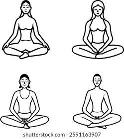 A minimalist **Yoga Meditation Pose Line Art Illustration Vector Set** featuring elegant outlines of various yoga and meditation postures. Perfect for wellness designs, spiritual themes, posters