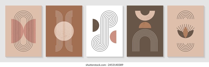 Minimalist zen arch poster collection. Modern boho wall art decor with abstract geometric shapes in nature beige color. Vector covers with contemporary simple line figures in trendy bohemian style.