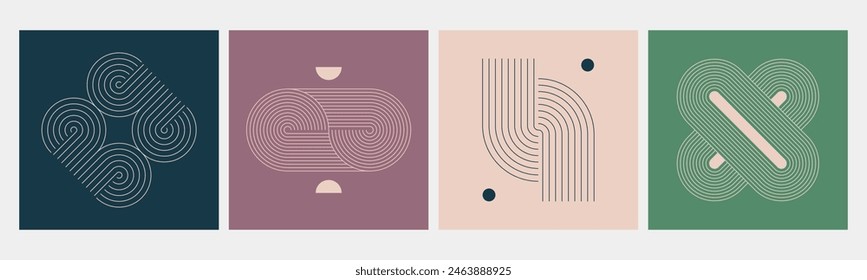 Minimalist zen arch poster set with abstract geometric shapes, celtic knotwork linear ornament or simple figures of outline strokes. Nordic design wall decor, cards with boho elements. Bohemian covers