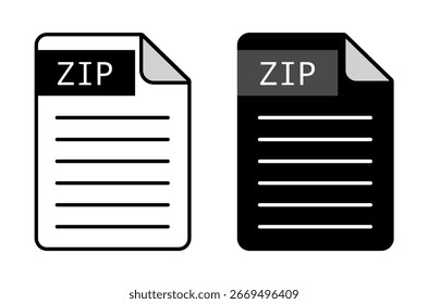 Icono de archivo ZIP minimalista en diseño plano. Hoja de documento con etiqueta ZIP en negro sobre fondo blanco y gris sobre fondo negro. Ideal para el diseño de la interfaz de usuario, la gestión de archivos y los conceptos de almacenamiento digital.