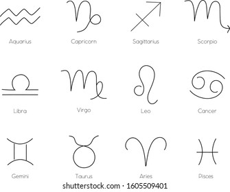 Minimalist zodiac sign icons, Horoscope constellation vector illustration. Star signs for astrology horoscope. isolated. Minimal zodiac line stylized symbols.