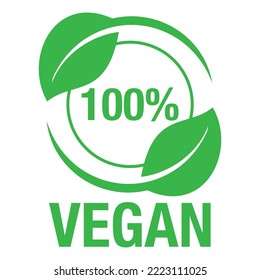 Minimalistic 100% vegan logo. Linear 100% vegan food symbol inside circle with leaves, Vector illustration.