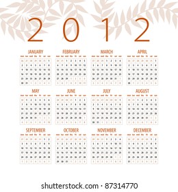 minimalistic 2012 red and white calendar design - week starts with sunday