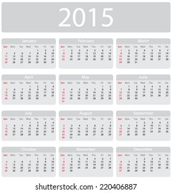 Minimalistic 2015 calendar - week starts with Sunday
