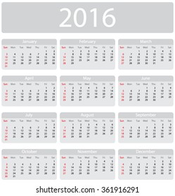 Minimalistic 2016 calendar - week starts with sunday