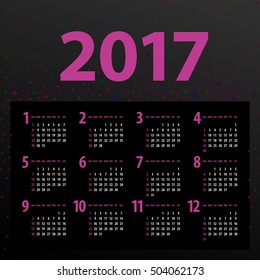 minimalistic 2017 calendar design on dark background - week starts with sunday