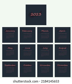 Minimalistic 2023 calendar with pink text on dark background. Monthly calendar with watercolor splash