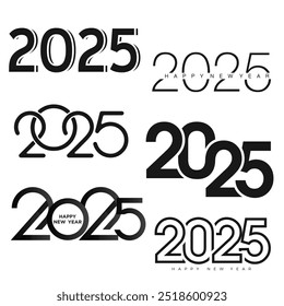 Minimalistic 2025 Happy New Year text designs in black and white. Vector illustration