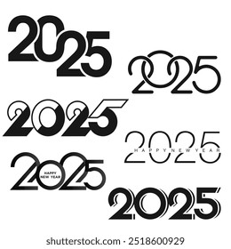 Minimalistic 2025 Happy New Year text designs in black and white. Vector illustration