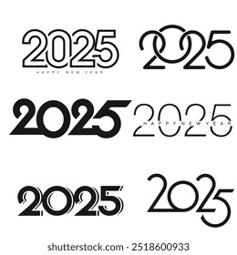 Minimalistic 2025 Happy New Year text designs in black and white. Vector illustration