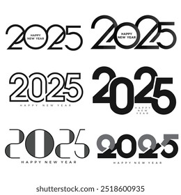 Minimalistic 2025 Happy New Year text designs in black and white. Vector illustration