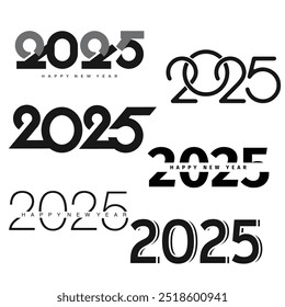 Minimalistic 2025 Happy New Year text designs in black and white. Vector illustration