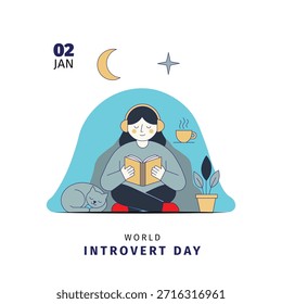 Ilustração de vetor plano 2D minimalista de uma menina introvertida sentada dentro lendo um livro com fones de ouvido e um gato dormindo ao lado do melhor cartaz para o Dia Mundial Introvertido