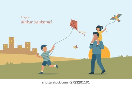 Minimalistic 2D Flat vector illustration of an Indian family celebrating Makar Sankranti