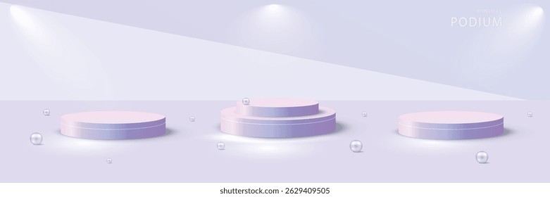Minimalistic 3D background with elegant light purple gradient podiums. Perfect for showcasing products, cosmetics, jewelry or luxury items. Abstract template for banners or advertisements.eps 10