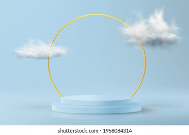 Minimalistic 3d background in pastel blue colors. Mock up with an empty podium to showcase a cosmetic product.