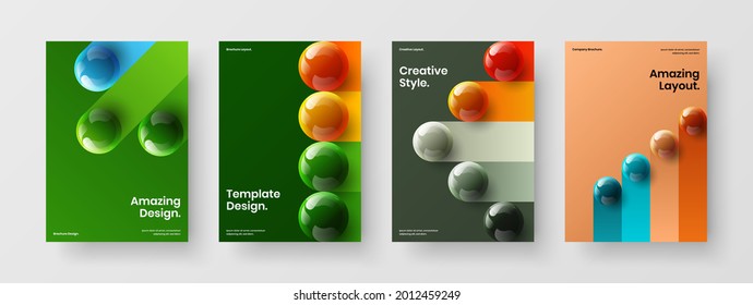 Ilustración de panfleto de bolas 3D minimalista. Composición simple de plantillas vectoriales de diseño de folletos.