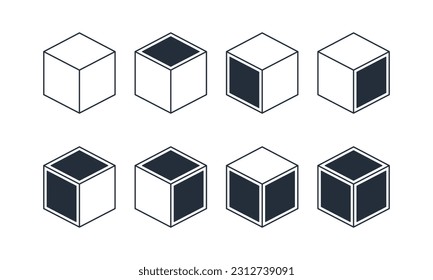 Minimalistic 3d blocks icons with filled squares in different rectangle directions vector icons.