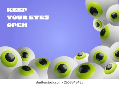 Minimalistic 3D Halloween poster featuring a group of green frame eyeballs watching from the sides. Playful, clean and fun design for seasonal events, party invitations, or social media graphics.