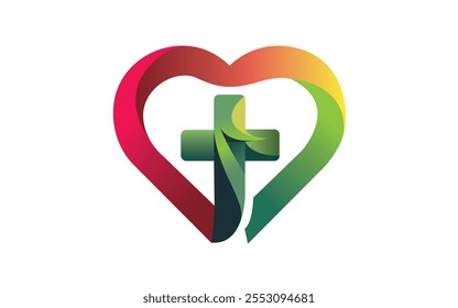 Minimalistic 3D Health Icon Heart with Medical Cross Christian cross and heart icon isolated on purple background