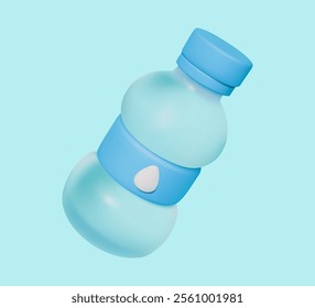 Minimalistic 3D illustration of a blue water bottle featuring a drop symbol, floating against a pastel blue background.