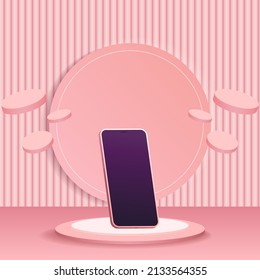 Minimalistic 3d isometric illustration cell phone. Smartphone perspective view. Side view. 3d stage with pastel color ornament.